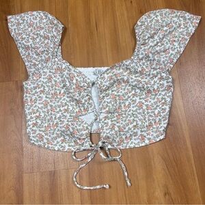 American Eagle Floral Front Tie Smocked Crop Top with Puff Sleeves–Boho Blouse